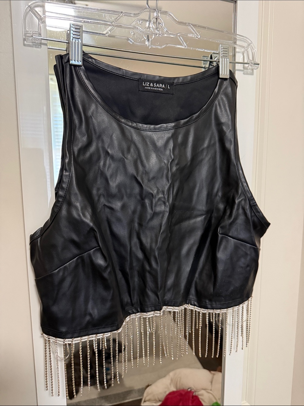 Liz & Sara Black Vegan Leather Fringe Crop Top